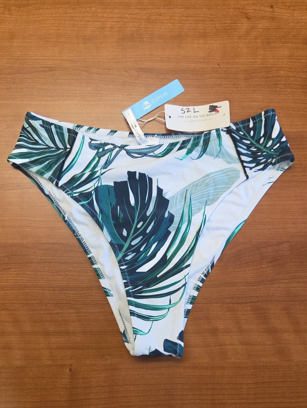 Cupshe White Bikini Bottom with Green Tropical Leaf Print